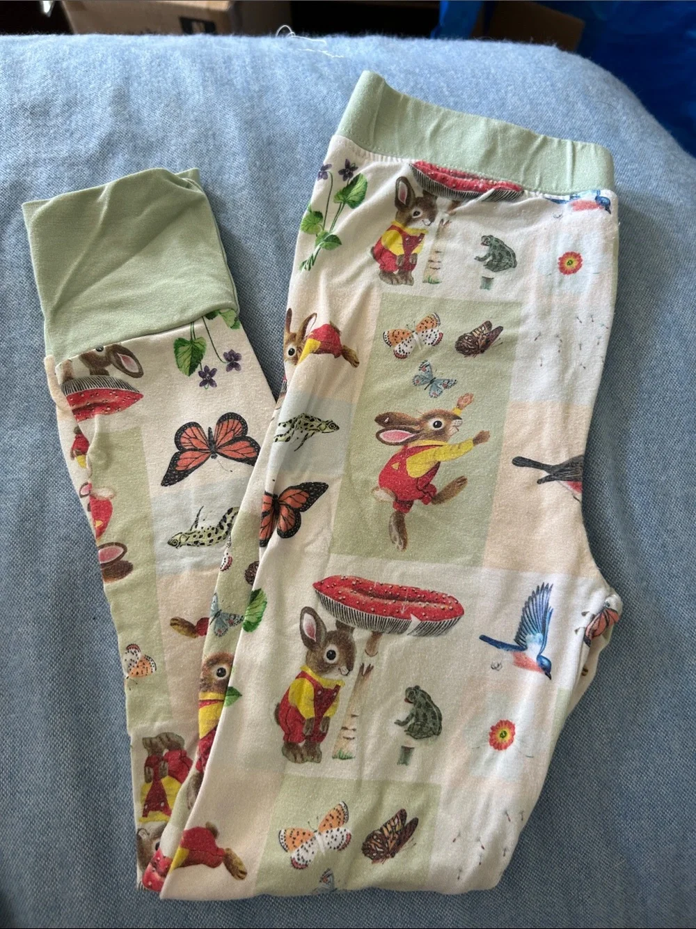 Children's Bunny Print Pajama Set in Light Green Trim